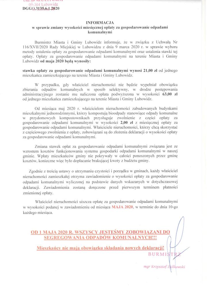 Zmiana stawki od 01.05.2020