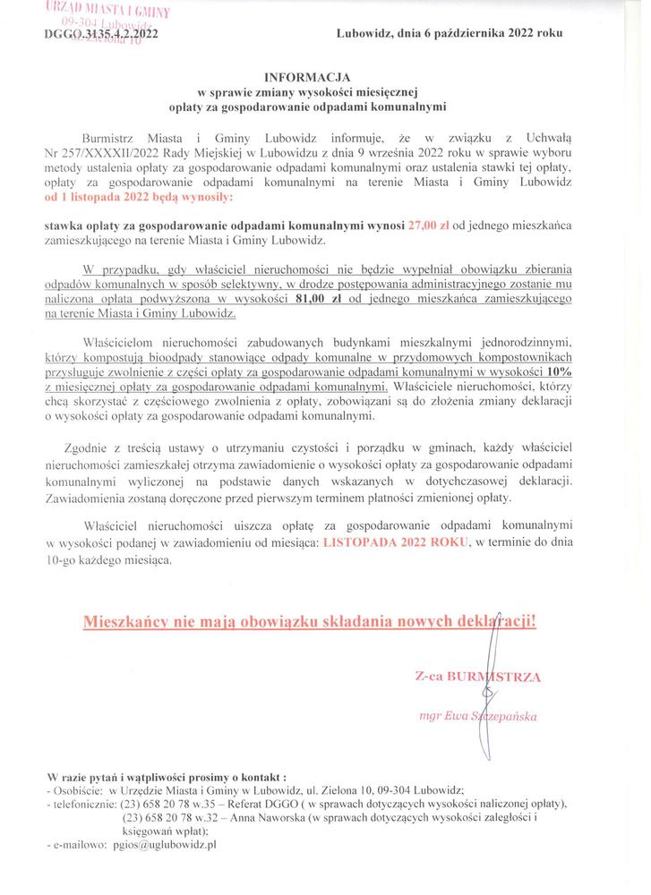 Zmiana stawek 01.11.2022 r.
